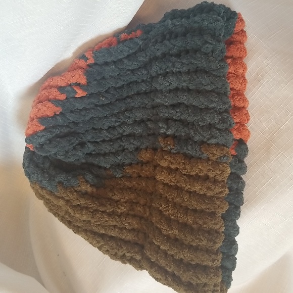 HANDMADE CHENILLE HAT WINTER FALL RICH COLORS BROWN BLUE ORANGE SOFT - Picture 2 of 6